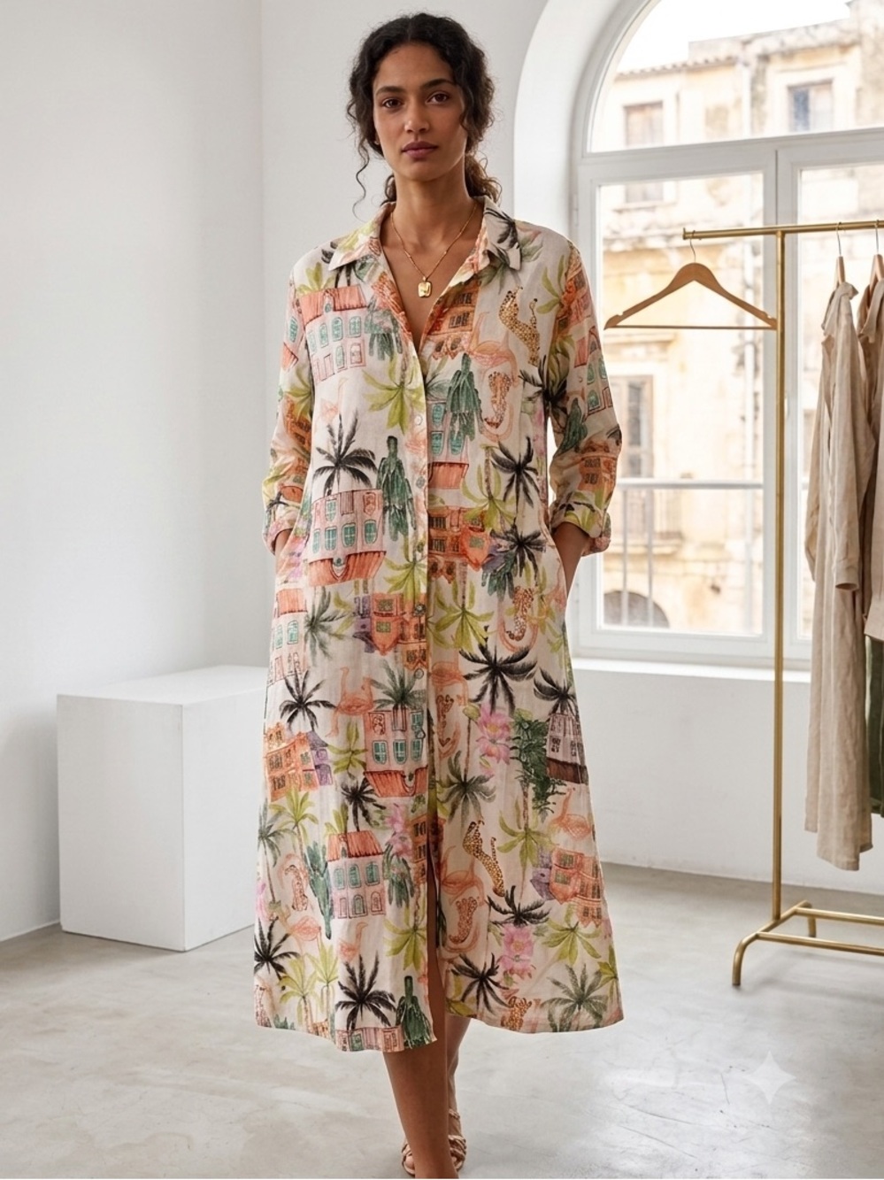 Spighe Di Lino Italy Linen Cotton Tropical Midi Shirt Dress Size XL Resortwear